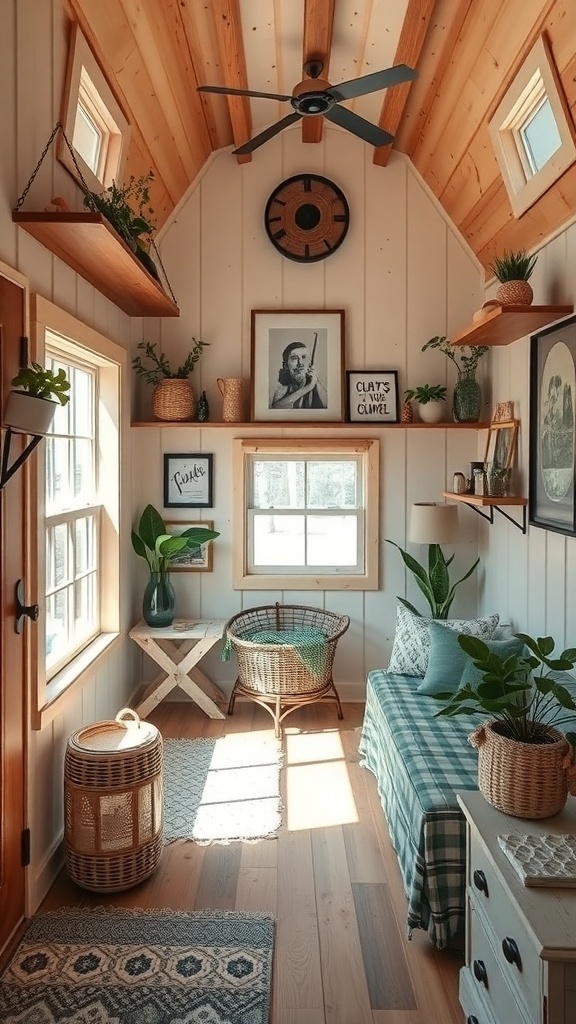 Cozy tiny cabin interior with vertical decor and plants.