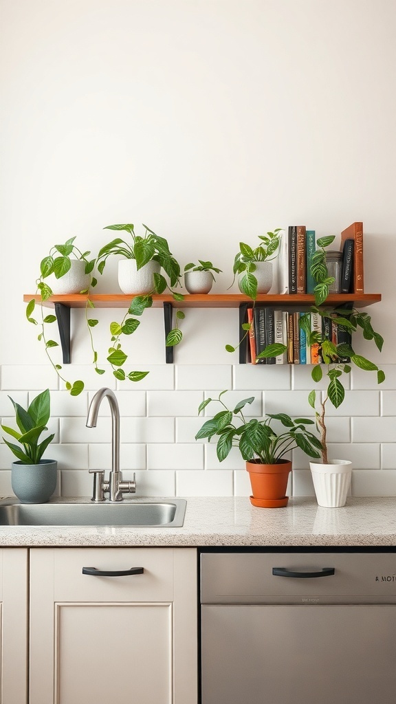 A kitchen countertop with a shelf displaying plants and books.