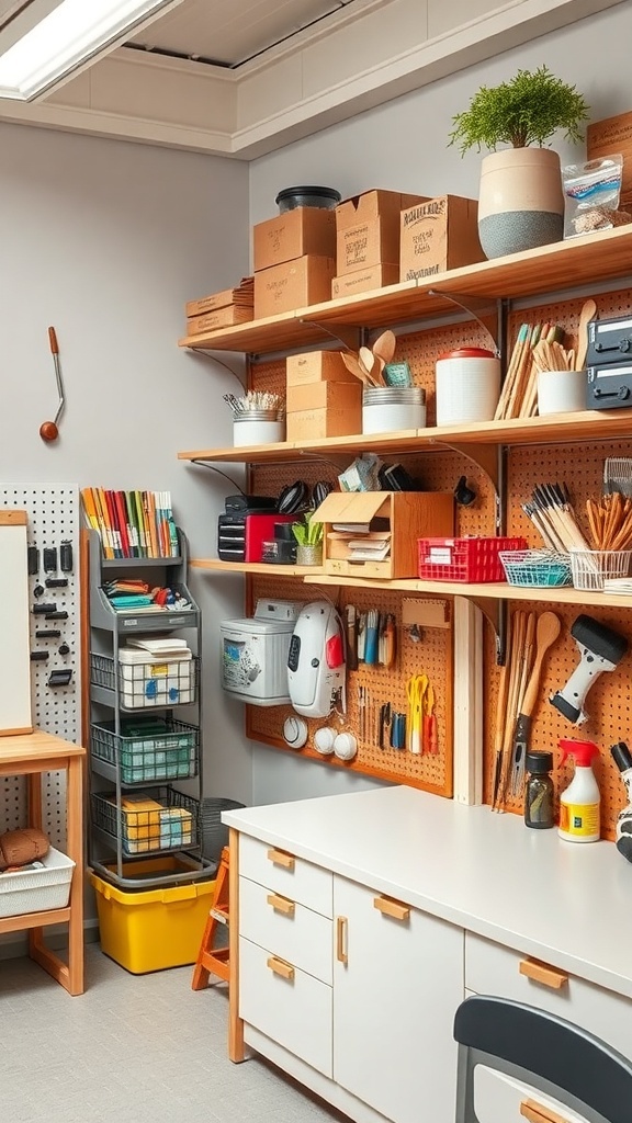A well-organized craft room with shelves and pegboards for storage.