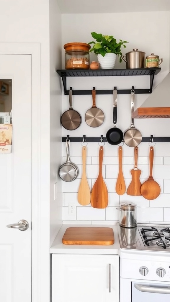 A small farmhouse kitchen with shelves holding pots, pans, and a plant.