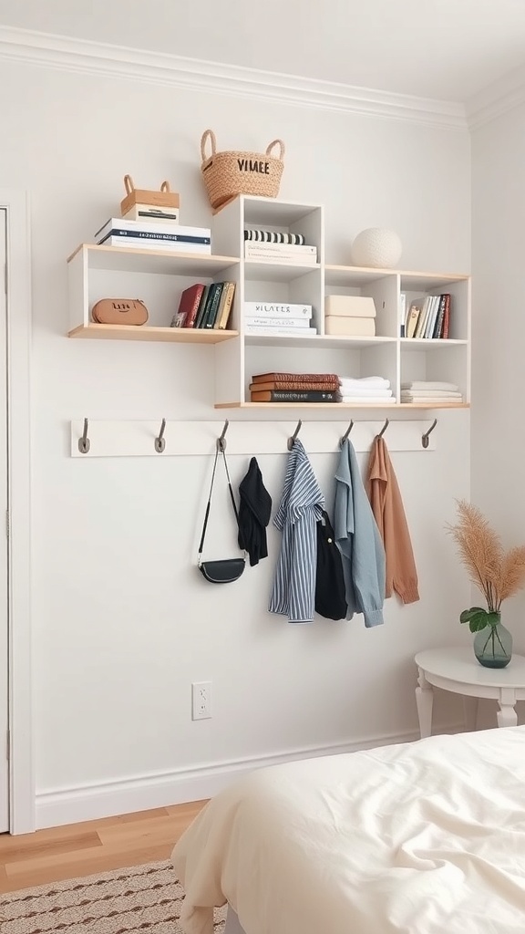 A simple bedroom layout showcasing wall shelves and hooks for storage.