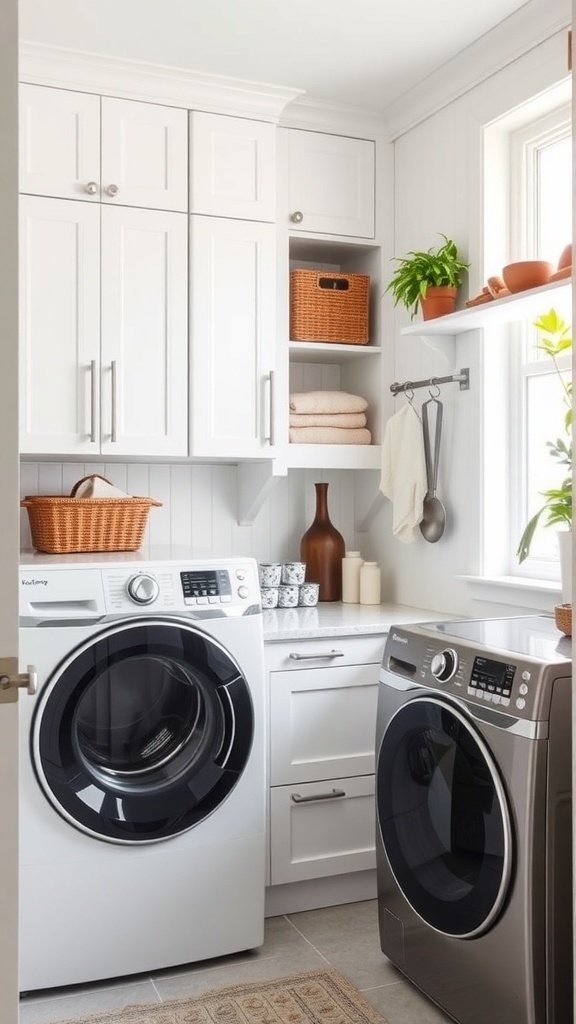 A bright and organized laundry room featuring white cabinets, shelves with plants, and neatly arranged baskets.