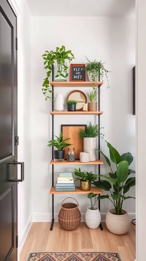 A stylish tall shelf in a small entryway, decorated with plants and books.