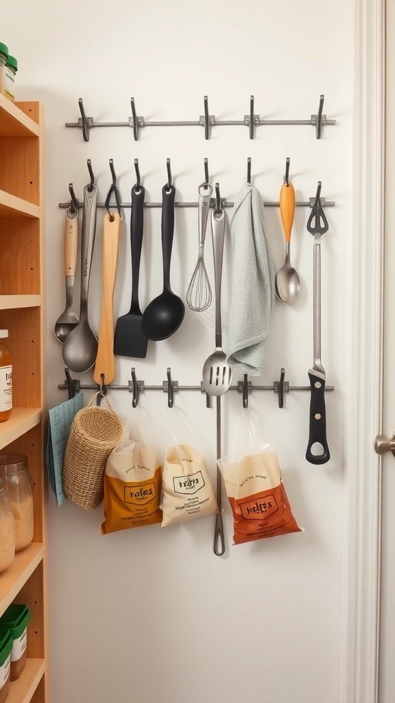 A pantry wall with hooks displaying various kitchen utensils and bags of ingredients.