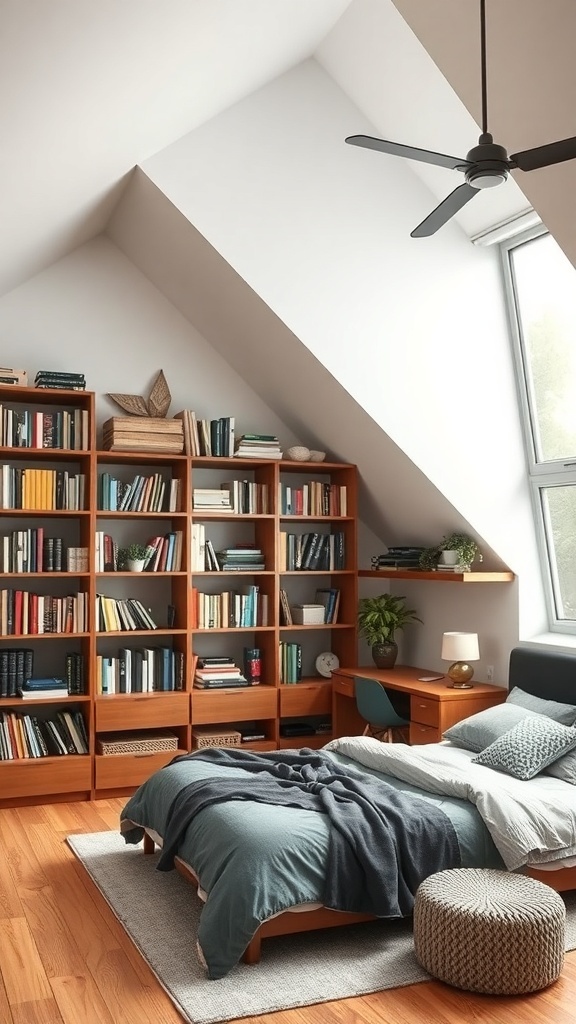 A cozy loft bedroom featuring a tall bookshelf, a bed with soft bedding, and a small desk.