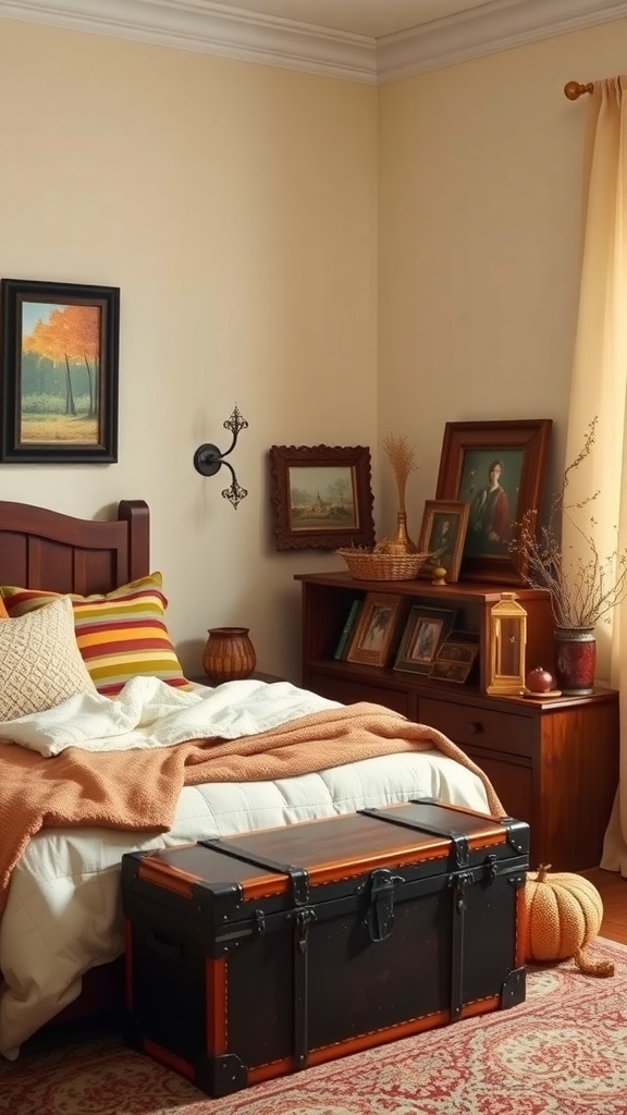 Cozy vintage bedroom with warm tones, featuring a wooden bed, striped pillows, framed autumn artwork, and a decorative trunk.