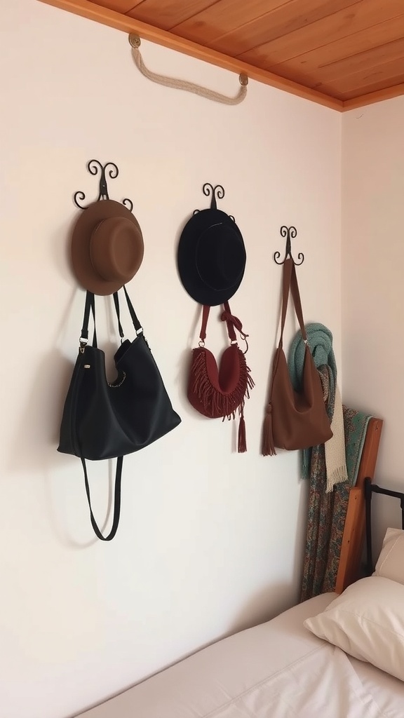 Wall hooks displaying hats and bags in a small bedroom