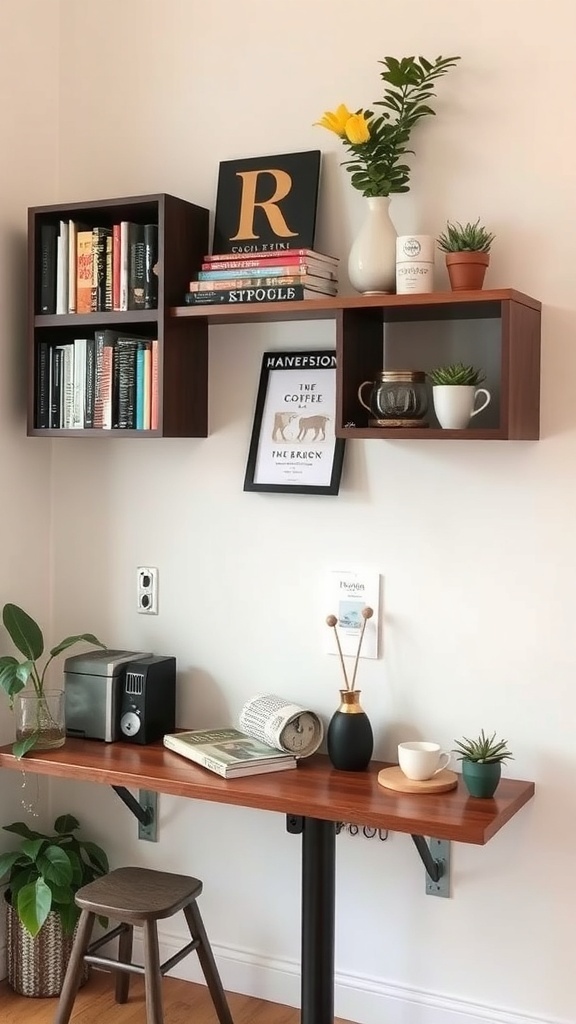 A cozy coffee nook with wall shelves displaying books, plants, and decorative items.