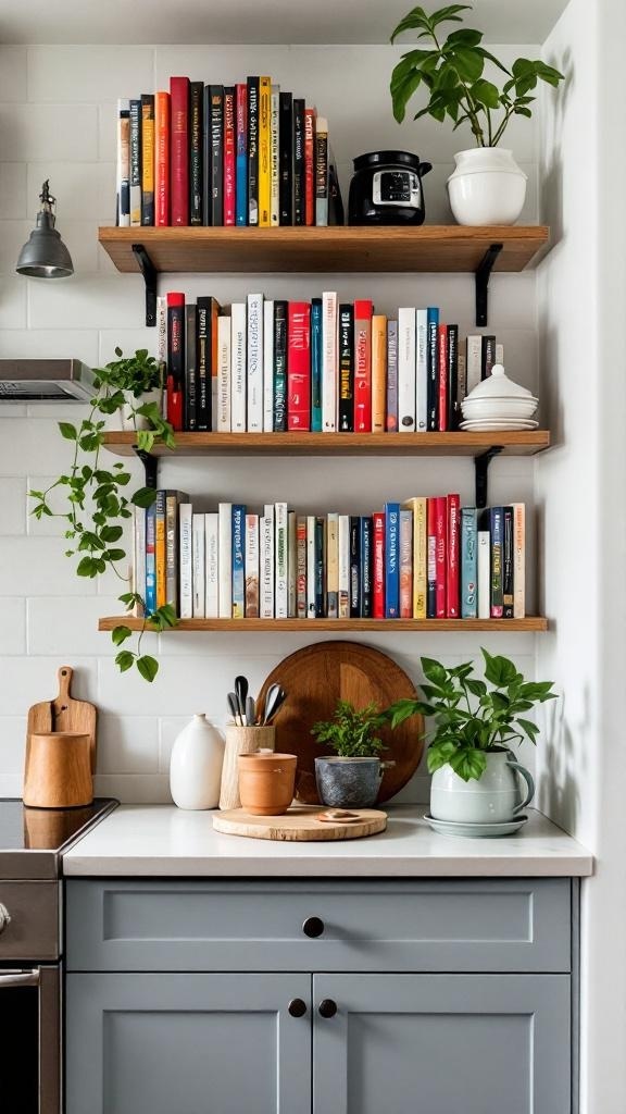 A small kitchen with wooden shelves holding colorful cookbooks and plants.