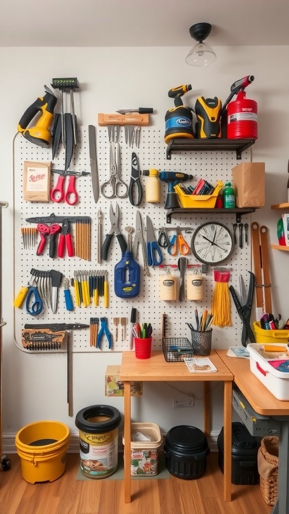 A well-organized craft room wall with tools and supplies on a pegboard.