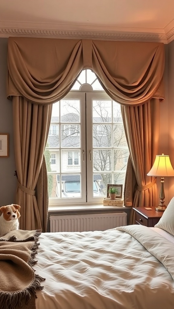 Cozy bedroom with elegant window treatments and warm lighting.