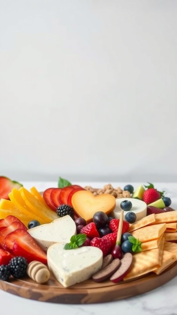 A beautifully arranged charcuterie board featuring heart-shaped cheeses, fresh fruits, and assorted meats.