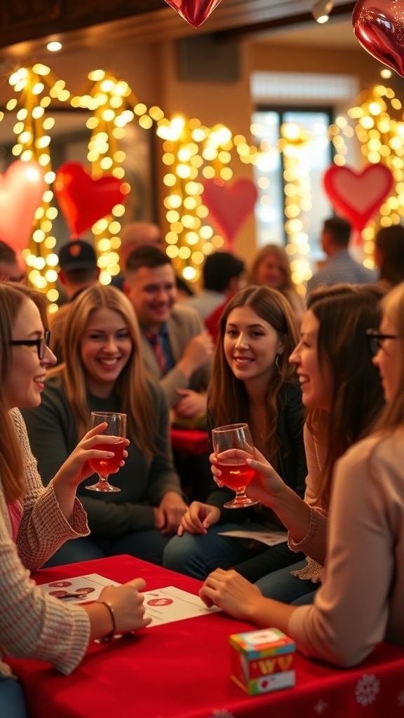 Two friends enjoying a cozy Valentine's Day celebration with hearts in the background.