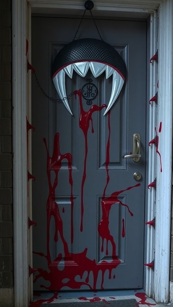 A door decorated with red paint resembling blood and a vampire-themed sign.