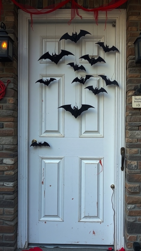 A door decorated with hanging black bat cutouts for Halloween.