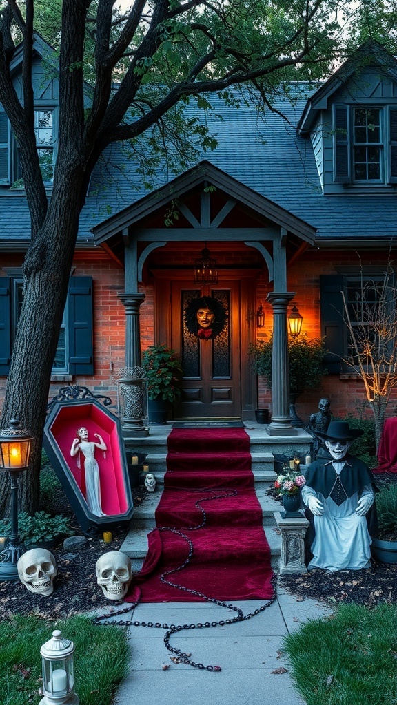 A Halloween front yard decorated as a vampire's lair with a red carpet, skulls, skeletons, and eerie lighting.