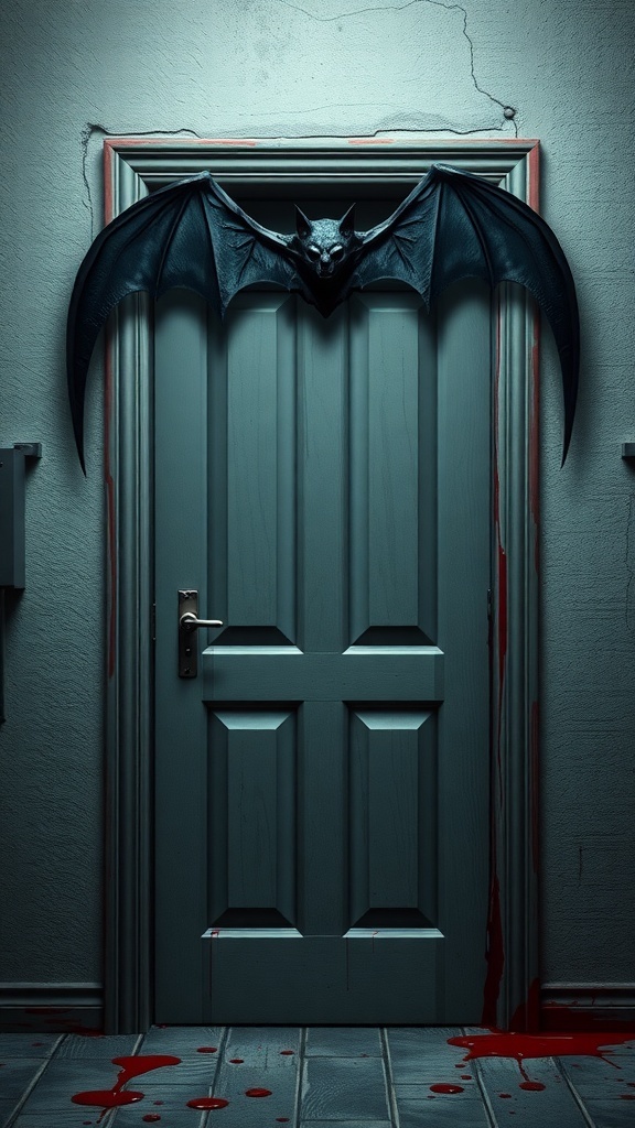 A spooky door decorated with a large bat and red streaks resembling blood