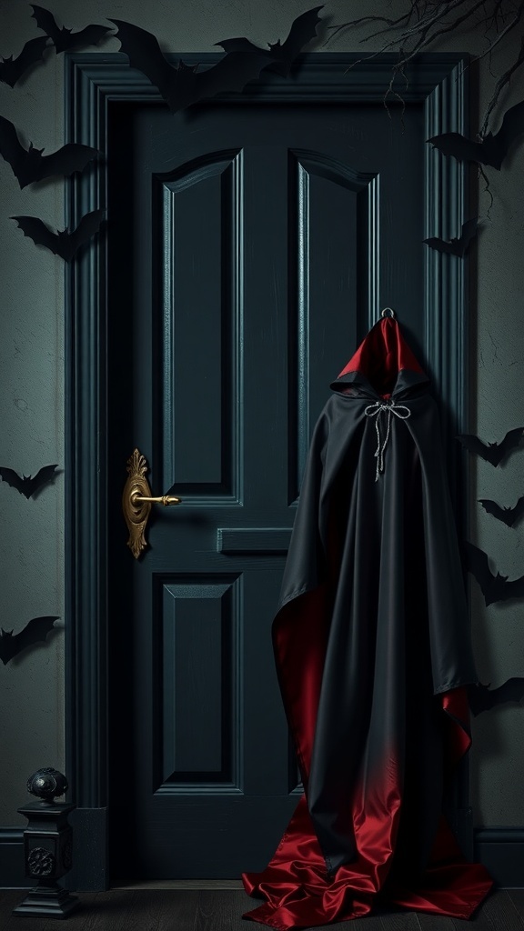 A dark blue door with bats and a vampire cloak, creating a spooky Halloween entry.