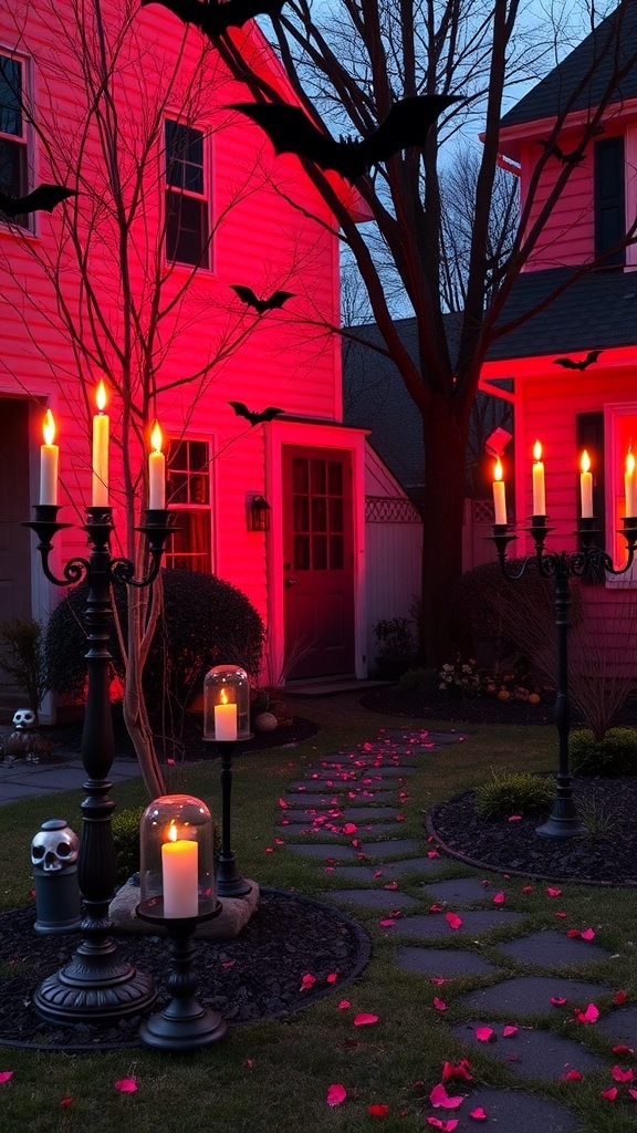 A Halloween yard display featuring a vampire's lair with pink lighting, candles, bats, and rose petals.