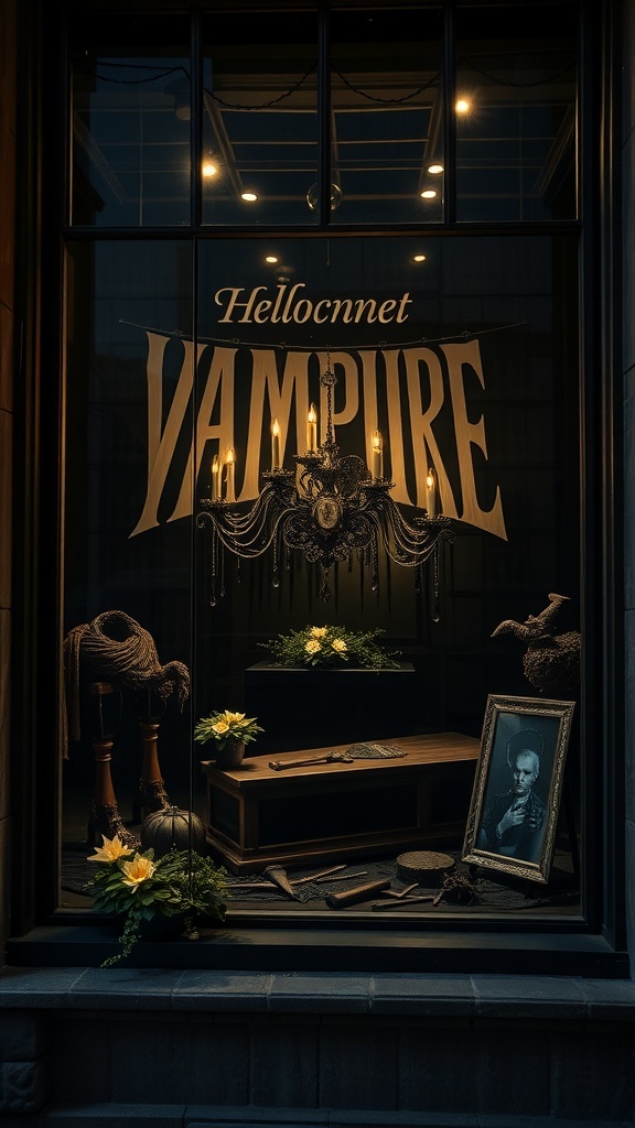 Halloween window display featuring a vampire theme with a coffin and candles
