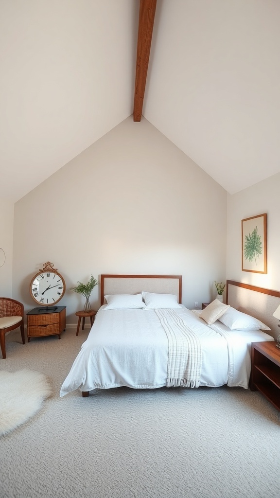 A cozy bedroom with a vaulted ceiling and wooden beams, featuring a bed, a clock, and a soft rug.