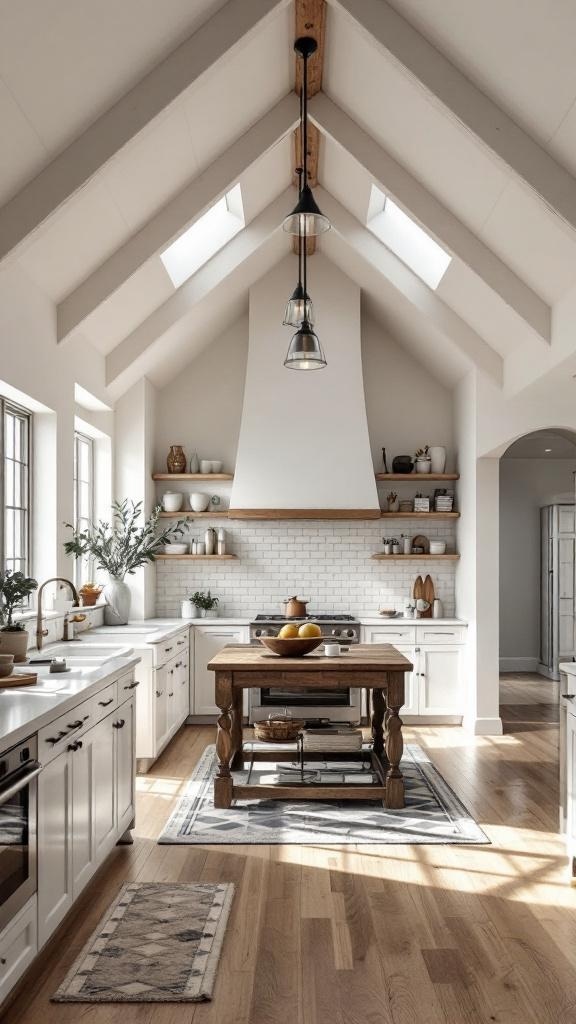 A modern kitchen with a vaulted ceiling, featuring wooden beams and skylights, creating a spacious and inviting atmosphere.