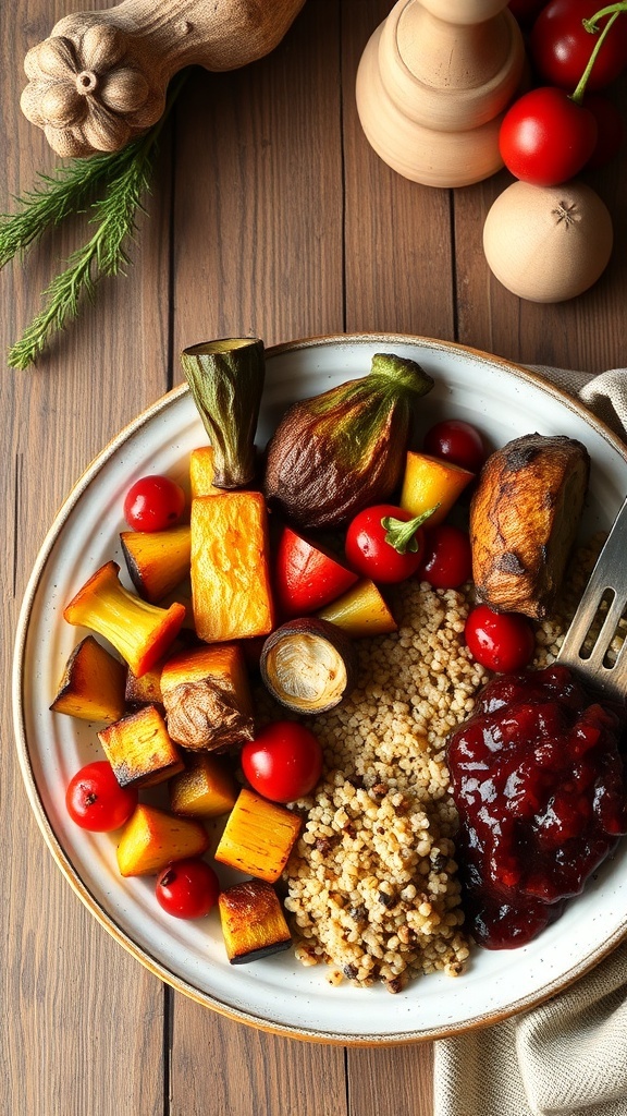 A vibrant vegetarian plate featuring roasted vegetables, tomatoes, grains, and cranberry sauce.