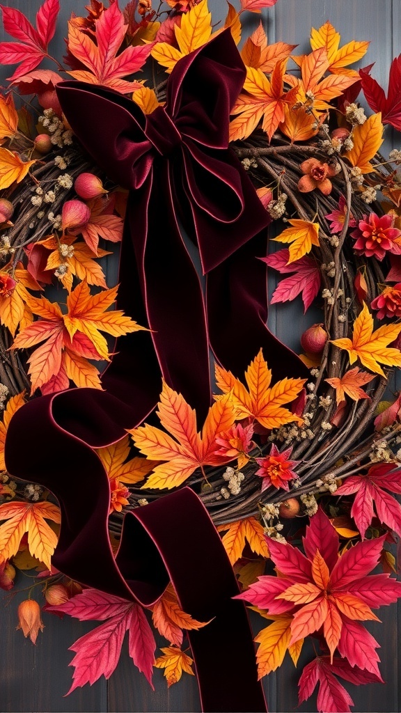A fall wreath adorned with vibrant leaves and a large velvet ribbon bow.
