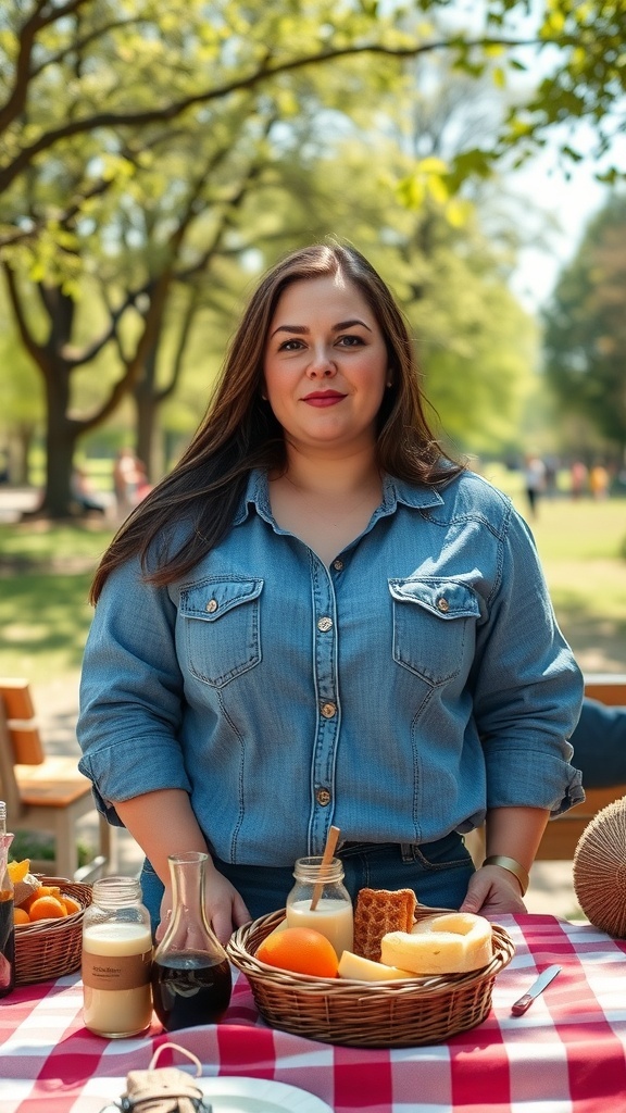 A woman in a chambray shirt standing at a picnic table with food items.