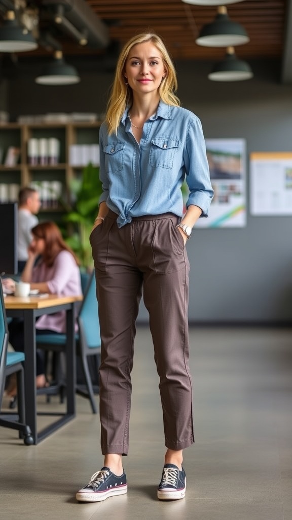 A man in light beige chinos, white t-shirt, and matching jacket, standing in a modern indoor setting.