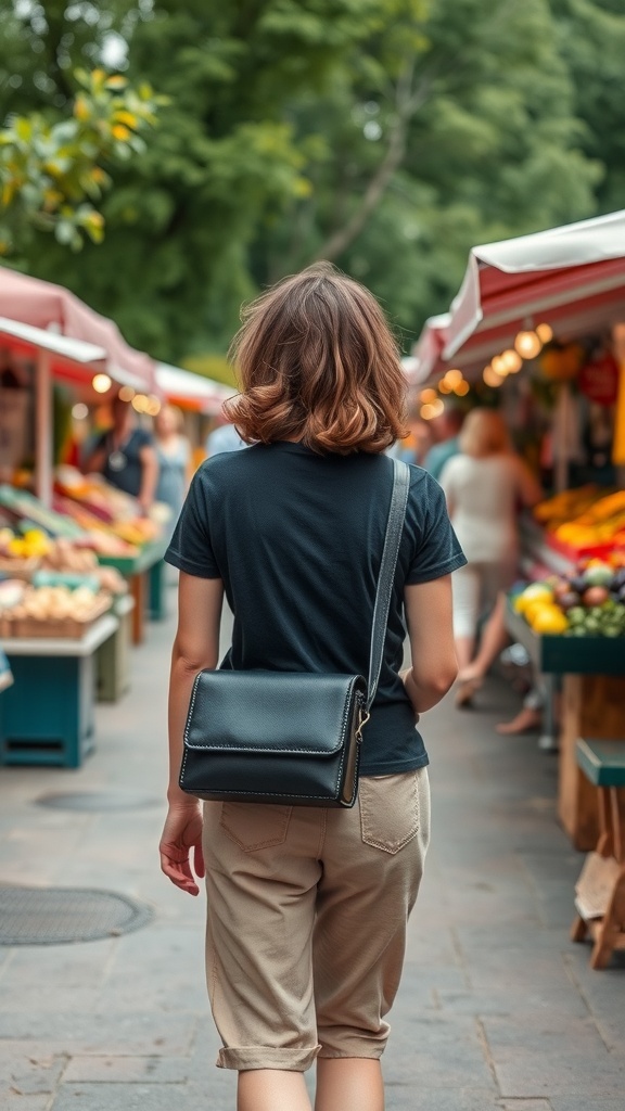 A woman walking through a market with a black crossbody bag.
