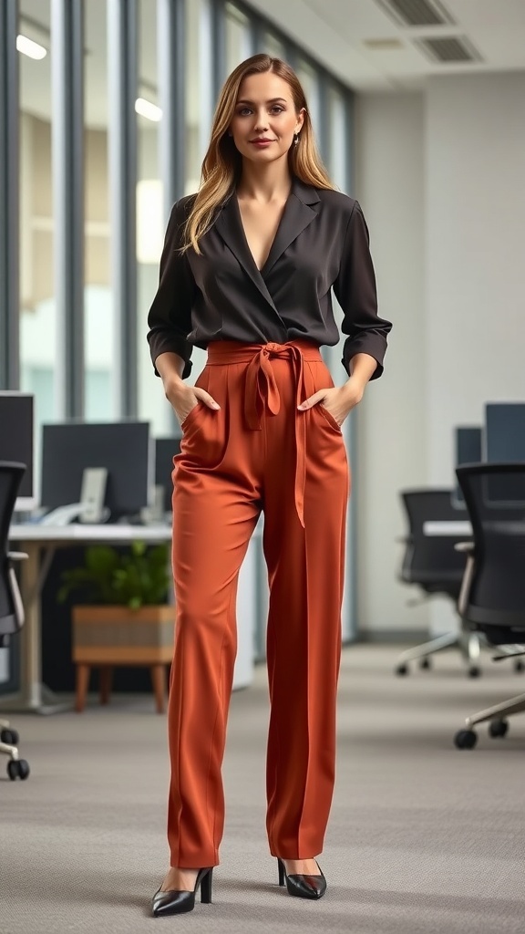 A woman wearing a stylish black and orange jumpsuit in an office setting.