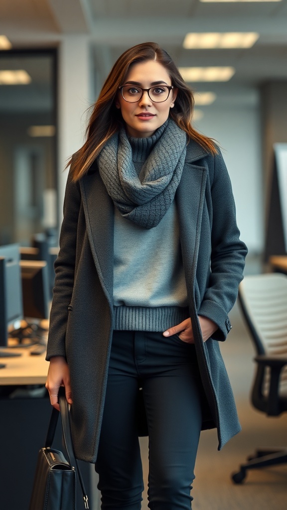 A woman in a business casual winter outfit featuring a gray sweater, coat, and scarf, standing in an office setting.
