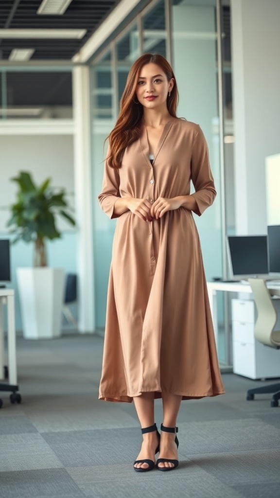 A woman wearing a beige midi dress in an office setting, showcasing a professional yet stylish look.