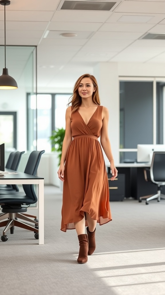 A woman in a brown midi dress walking in an office setting.