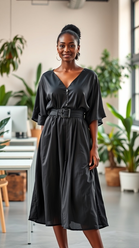 A black woman wearing a stylish black midi dress in a modern office setting.