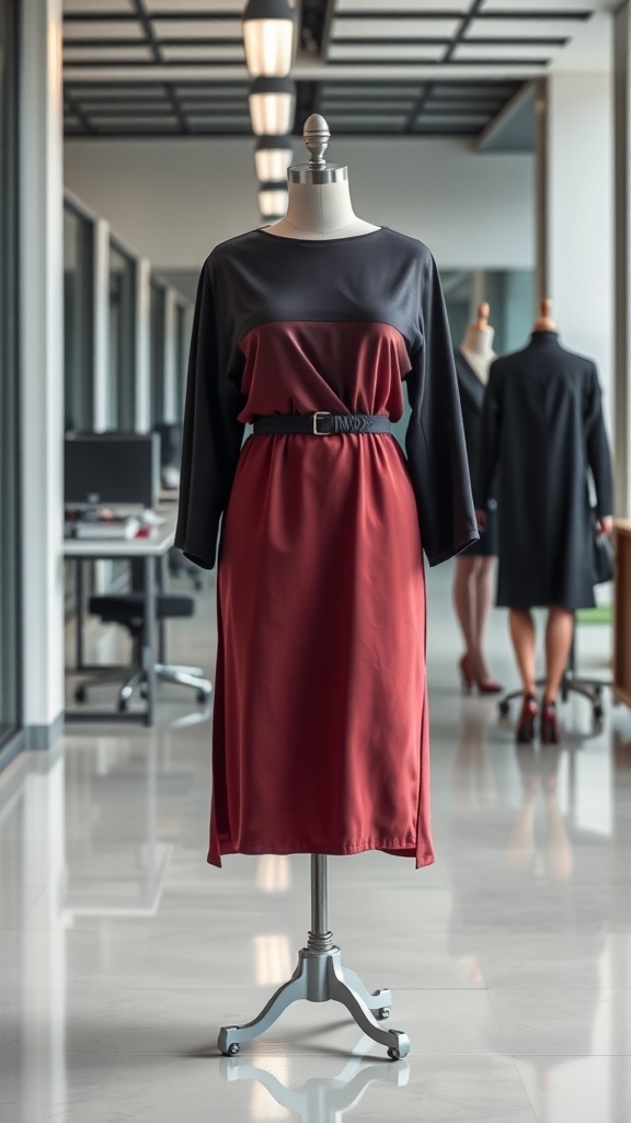 A stylish midi dress on a mannequin in a modern office setting, featuring a dark top and a red bottom with a belt.