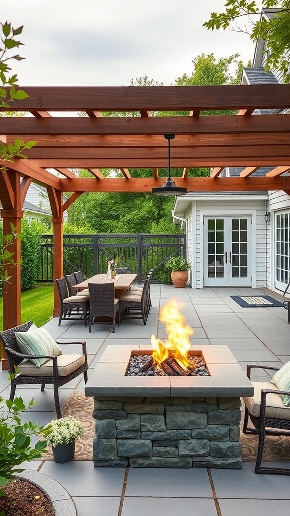 A modern outdoor living space featuring a fire pit, seating, and dining area.