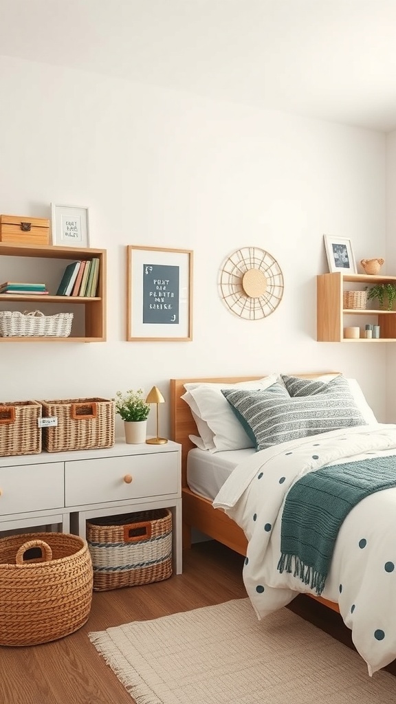 A neutral teen girl bedroom featuring wooden shelves, a dresser, and woven baskets for storage.