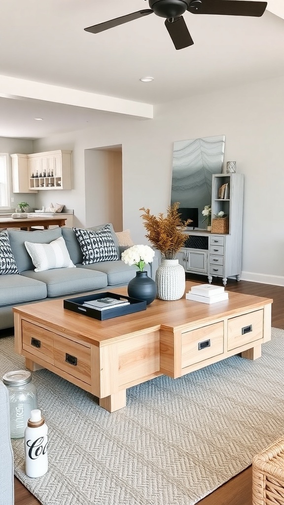 A modern farmhouse coffee table with storage drawers in a cozy living room setting.