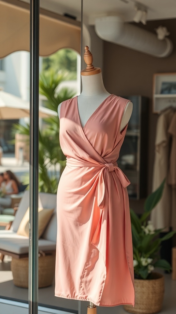 A soft pink wrap dress displayed on a mannequin in a boutique.