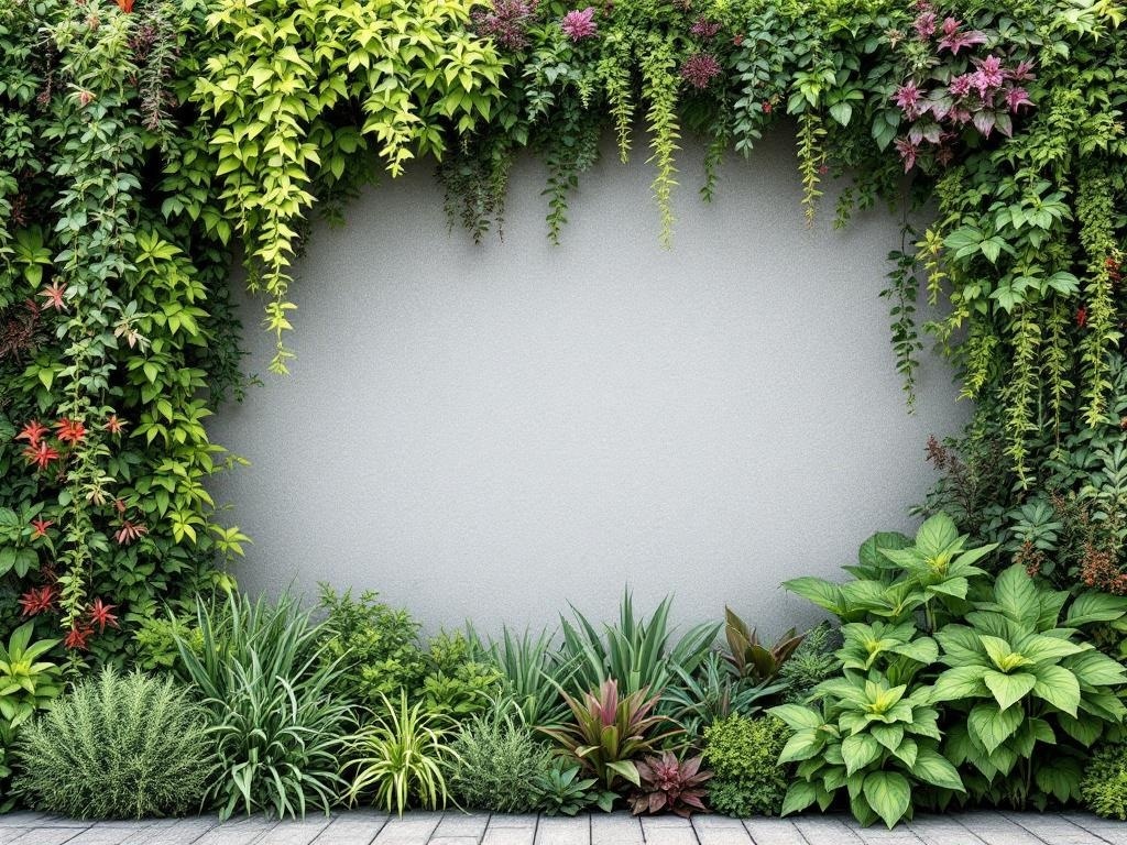 A vertical garden with various plants against a grey wall.