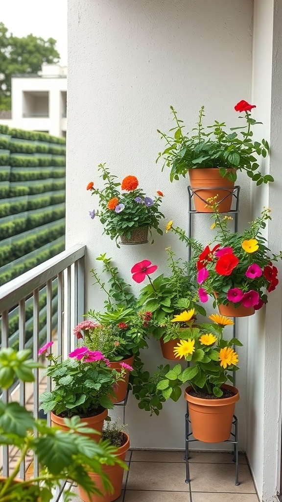 A balcony with colorful pots of flowers arranged in a vertical gardening setup.