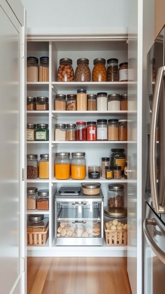 A well-organized vertical pantry with jars and baskets on shelves.