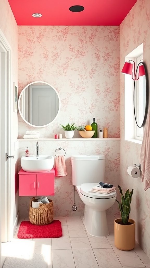 A modern bathroom featuring vibrant pink accents on the ceiling and cabinetry.
