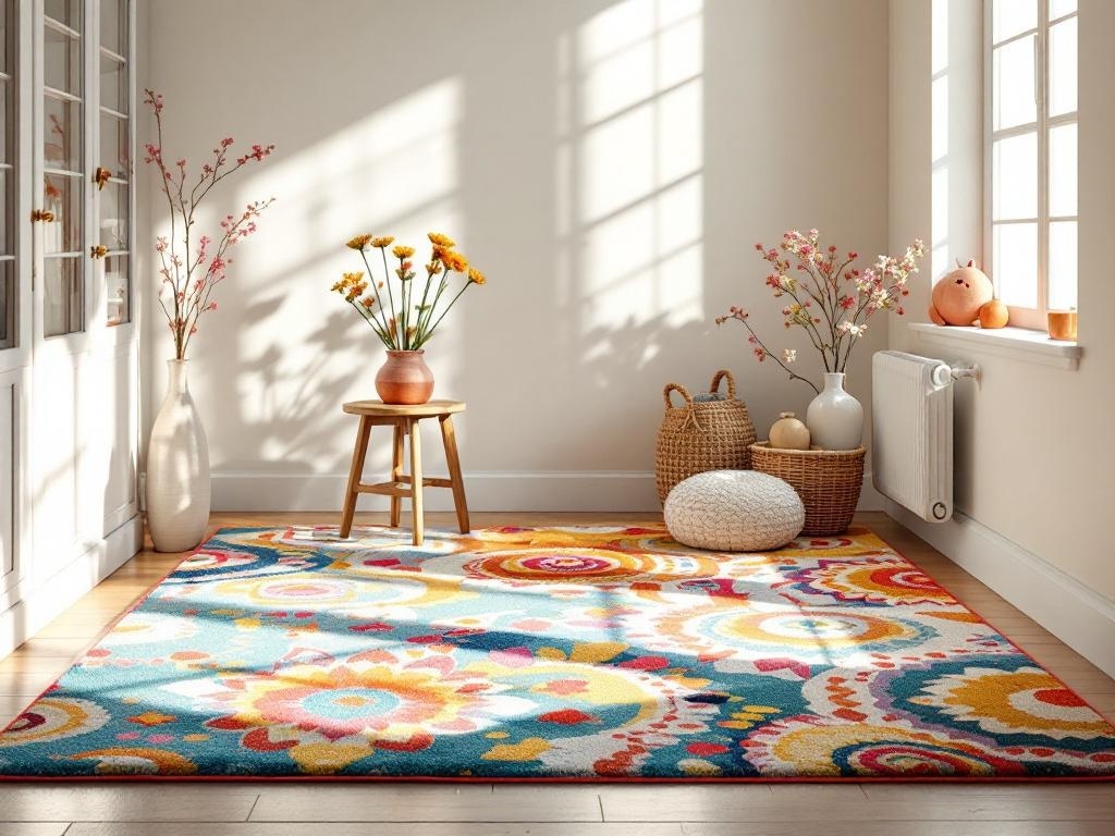 A colorful area rug with floral patterns in a well-lit room with plants and a small table.