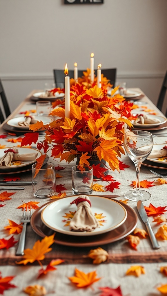 A beautifully set Thanksgiving table with autumn leaves, candles, and elegant dishware.
