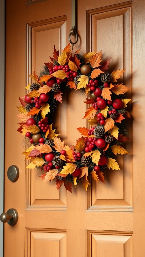 A vibrant autumn wreath made of orange and red leaves, berries, and pinecones hanging on a wooden door.