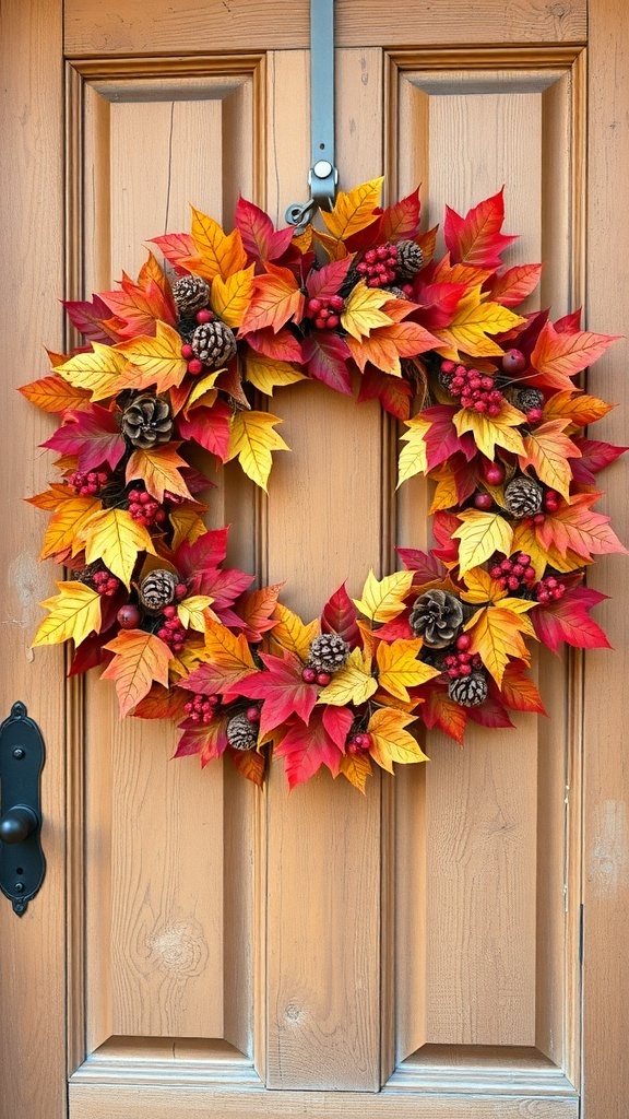 A colorful autumn wreath with red, orange, and yellow leaves, pinecones, and berries, hanging on a wooden door.