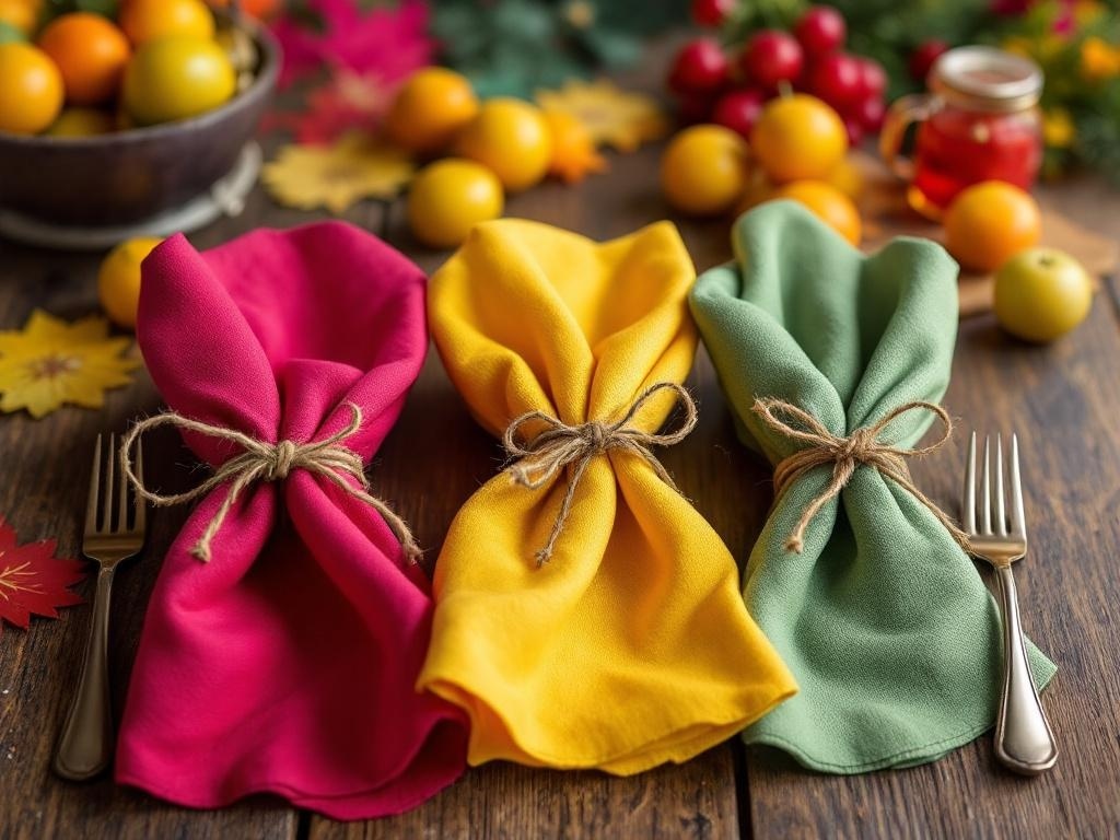 Three vibrant cloth napkins in pink, yellow, and green tied with twine on a wooden table